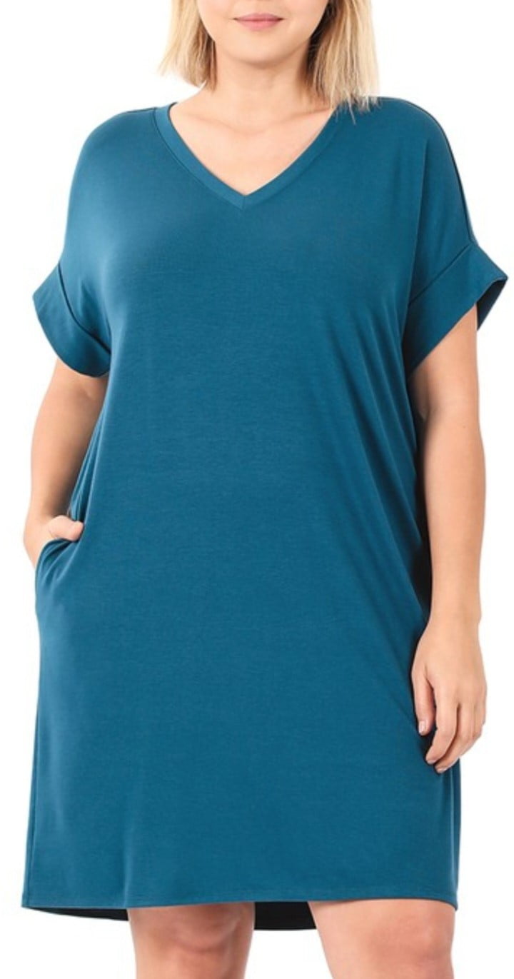thumbnail image 1 of Plus Rolled Short Sleeve V-Neck Teal Dress, 1 of 1