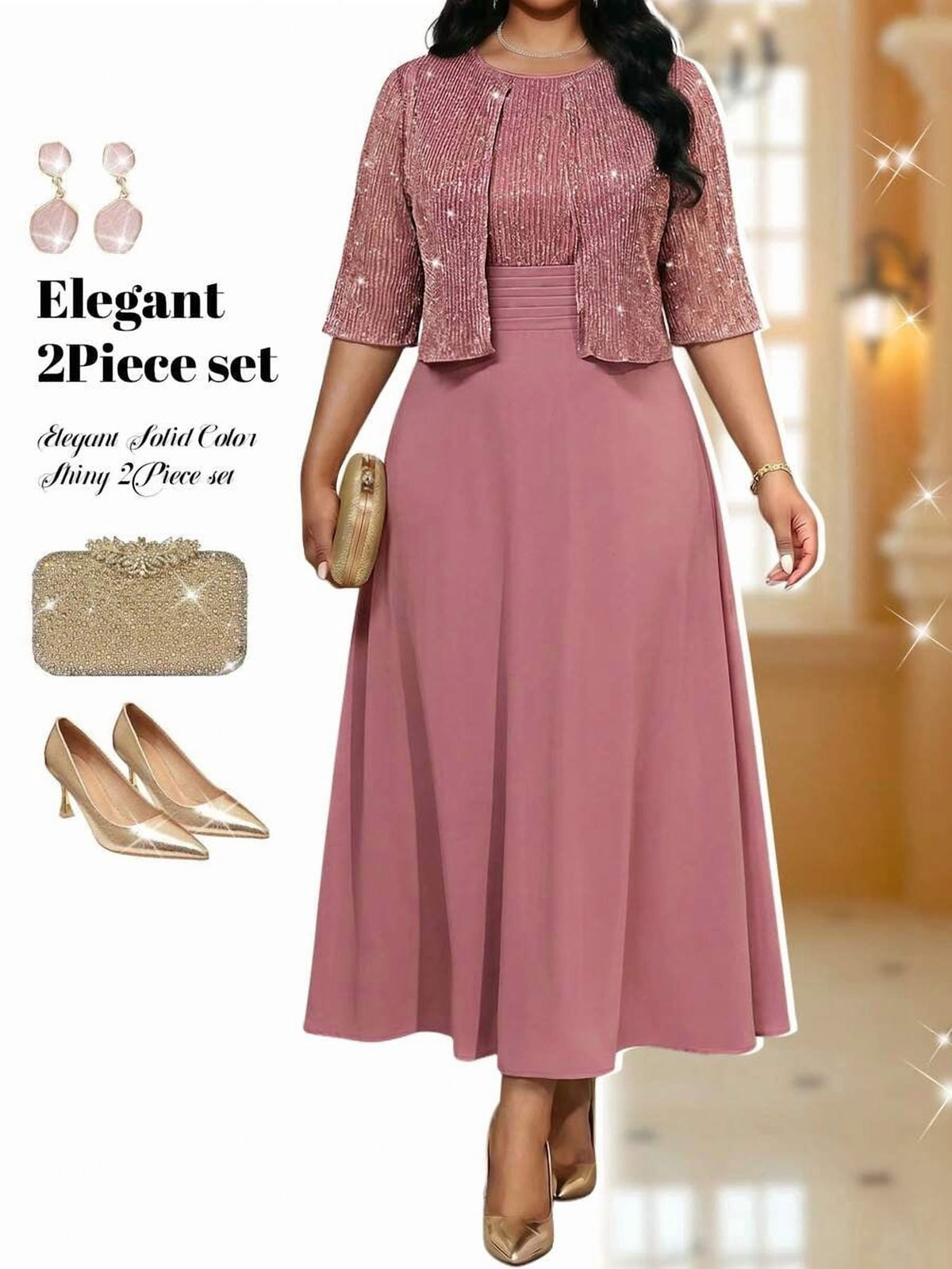 thumbnail image 1 of Plus Size Elegant Coral Pink 2 Piece Set Sequin Jacket Midi Dress, 1 of 5