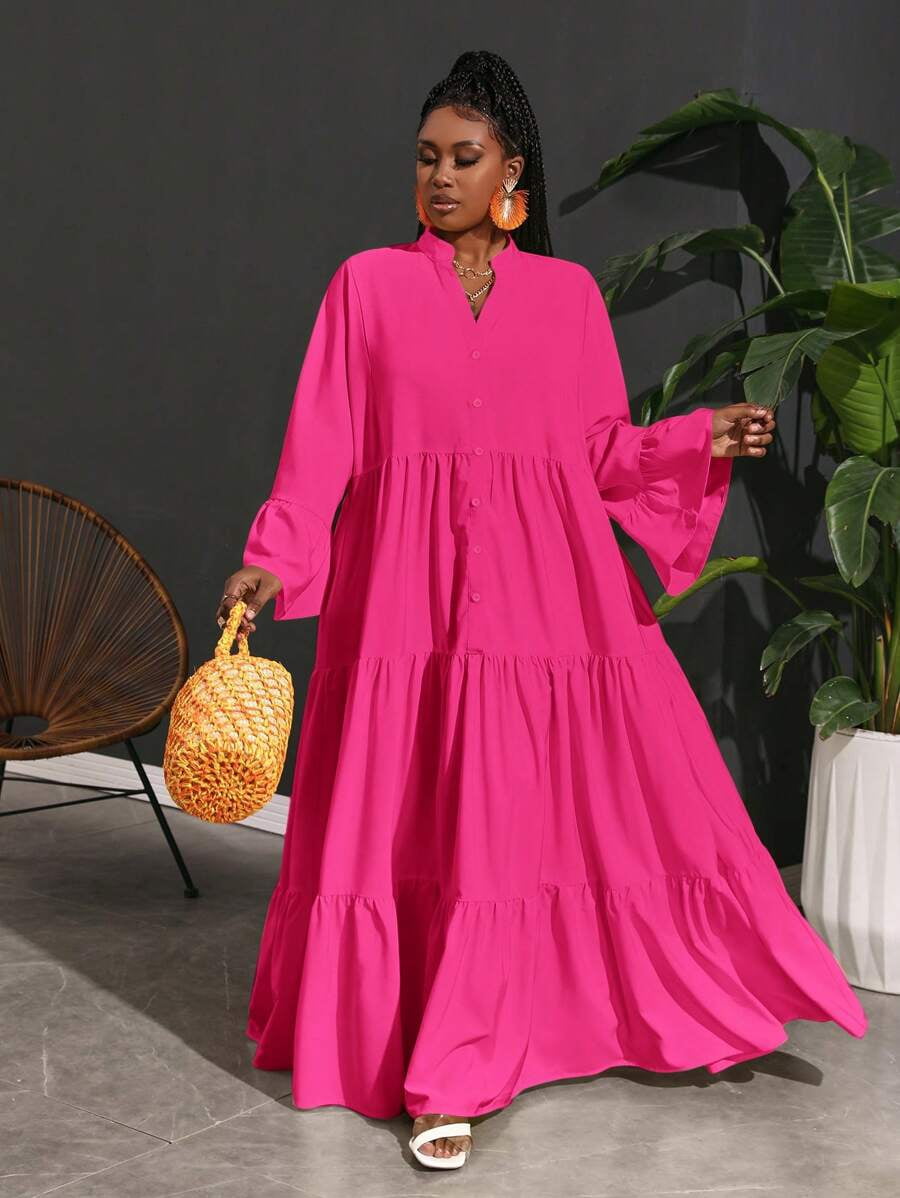 thumbnail image 1 of Plus Size Hot Pink Tiered Bell Sleeve Shirt Dress, Loose Fit Long Sleeve, 1 of 2