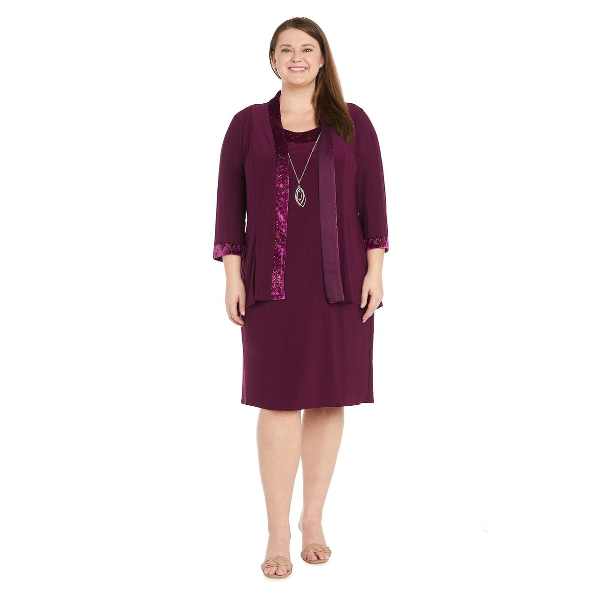 thumbnail image 1 of Plus Size R&M Richards 2-pc. Banded Glitter Velvet Trim Jacket & Dress Set Color: Burgundy Size: 20 W, 1 of 4