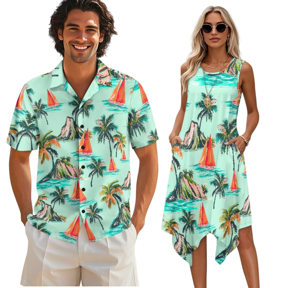 thumbnail image 1 of Psesaysky Palm Tree Ship Print Couples Outfits Hawaiian Matching Sets Summer Button Up Shirts and Sleeveless Dress with Pockets Plus Size Men and Women Matching Clothes for Travel, 1 of 7