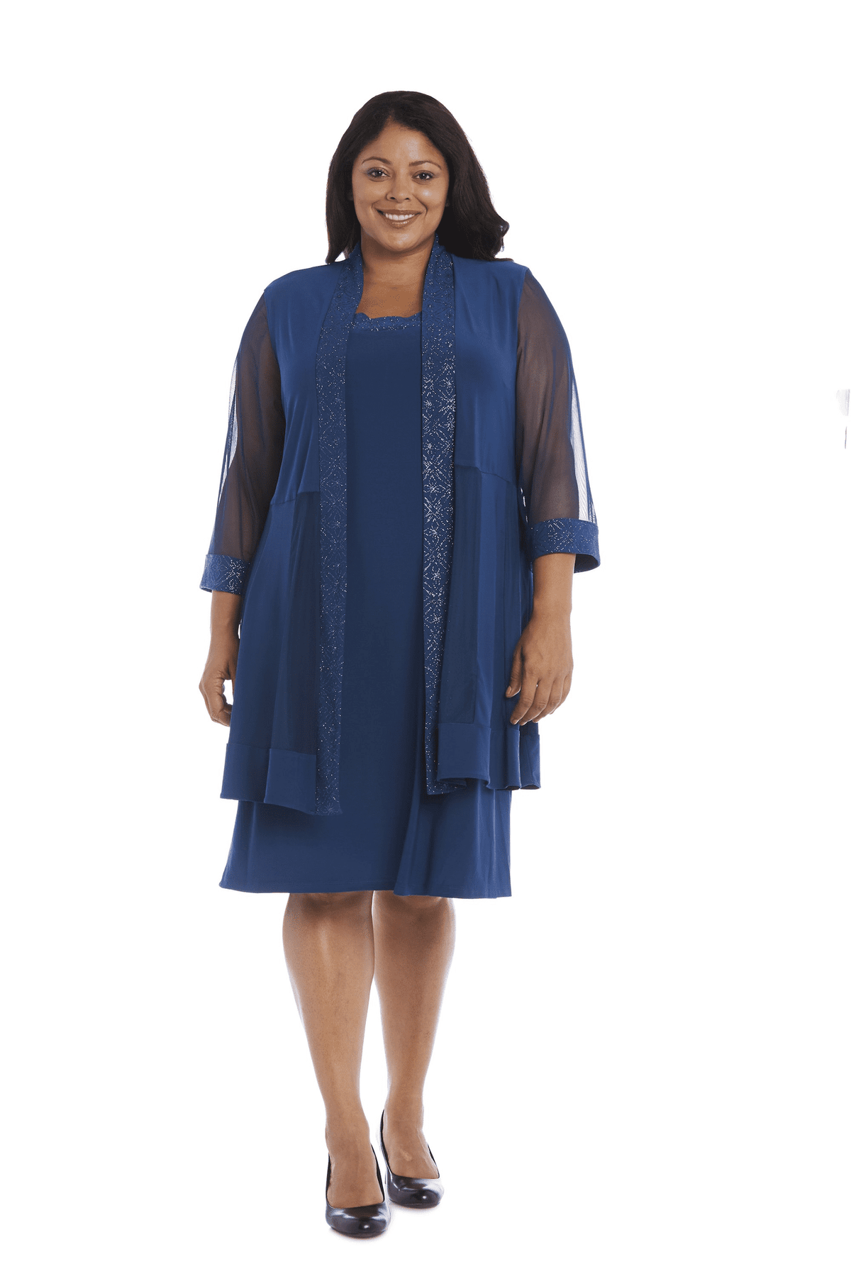 thumbnail image 1 of R&M Richards Knee-length Sleeveless Shift Dress with Matching Jacket and Metallic Detailing - Plus, 1 of 4
