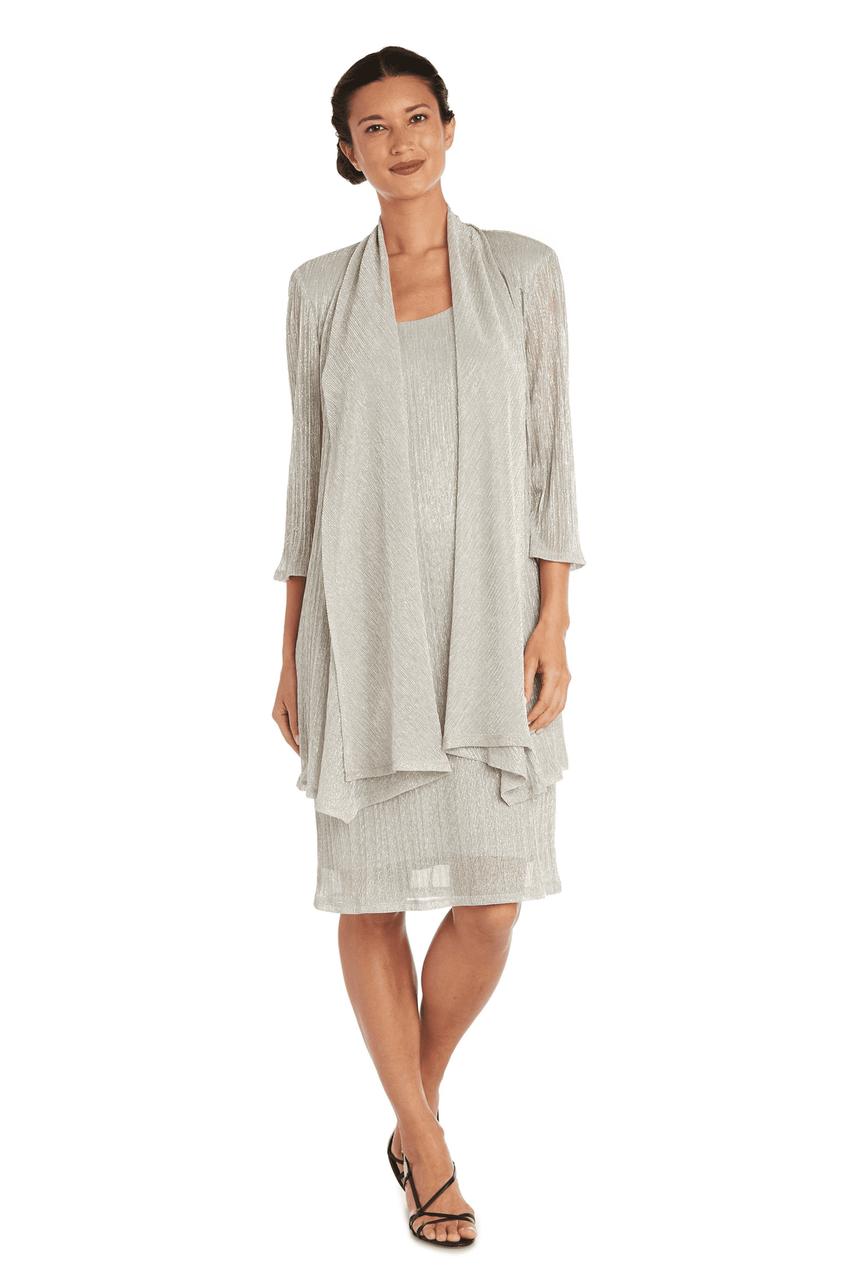 thumbnail image 1 of R&M Richards Women's Juniors Metallic Sleeveless Dress with Matching Draped Cardigan, 1 of 5