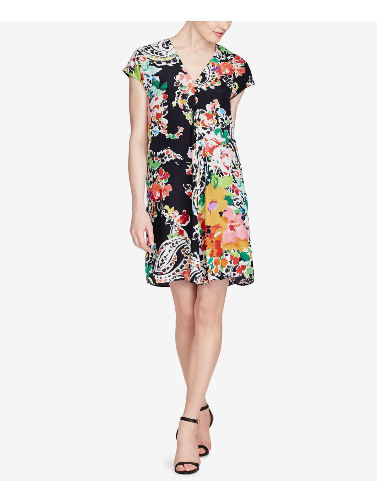 thumbnail image 1 of RALPH LAUREN Womens Black Paisley Short Sleeve V Neck Above The Knee Shift Dress Size: 8, 1 of 1