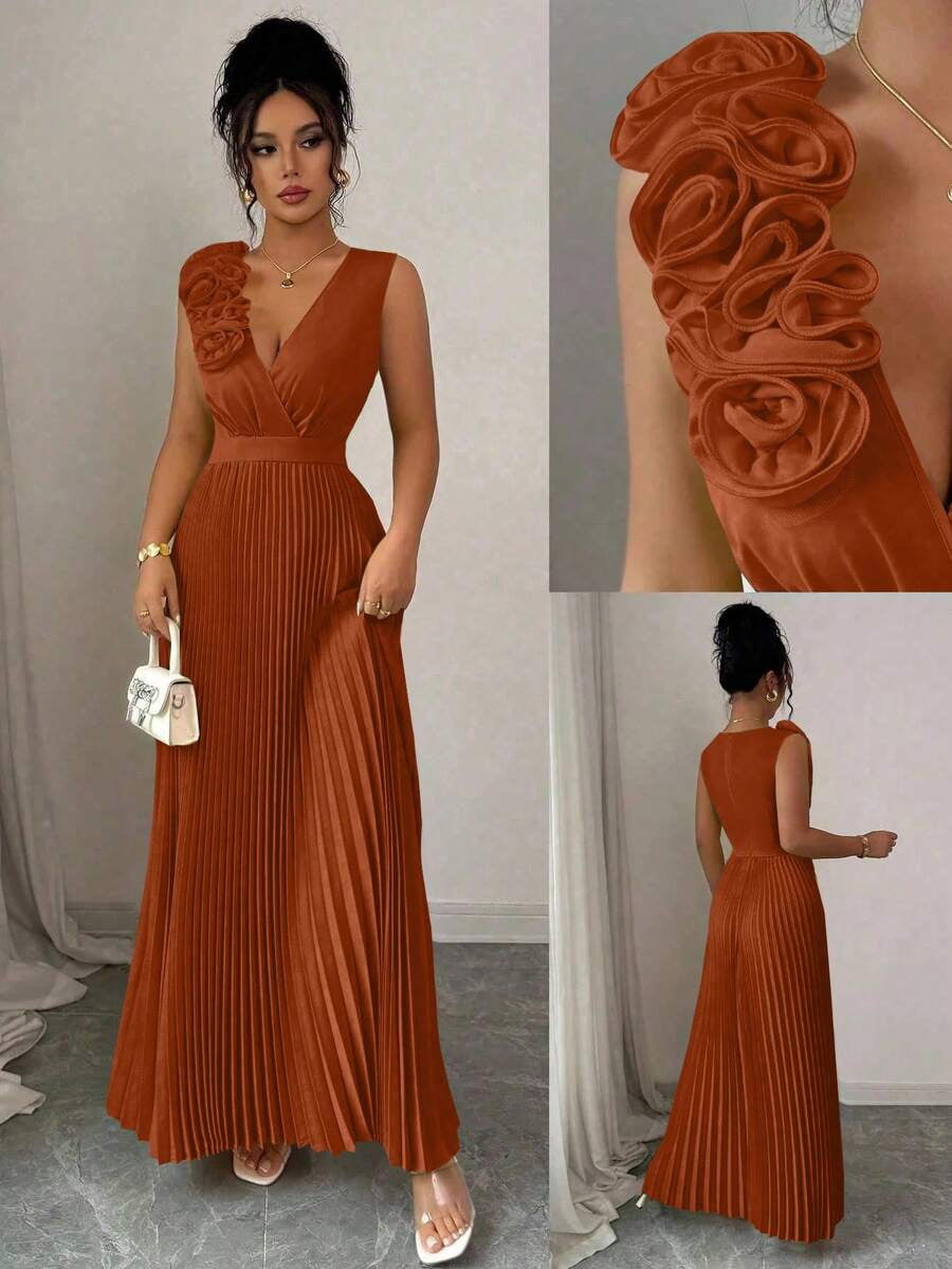 thumbnail image 1 of Rust Brown V-Neck Floral Appliqué Pleated A-Line Maxi Dress, 1 of 30