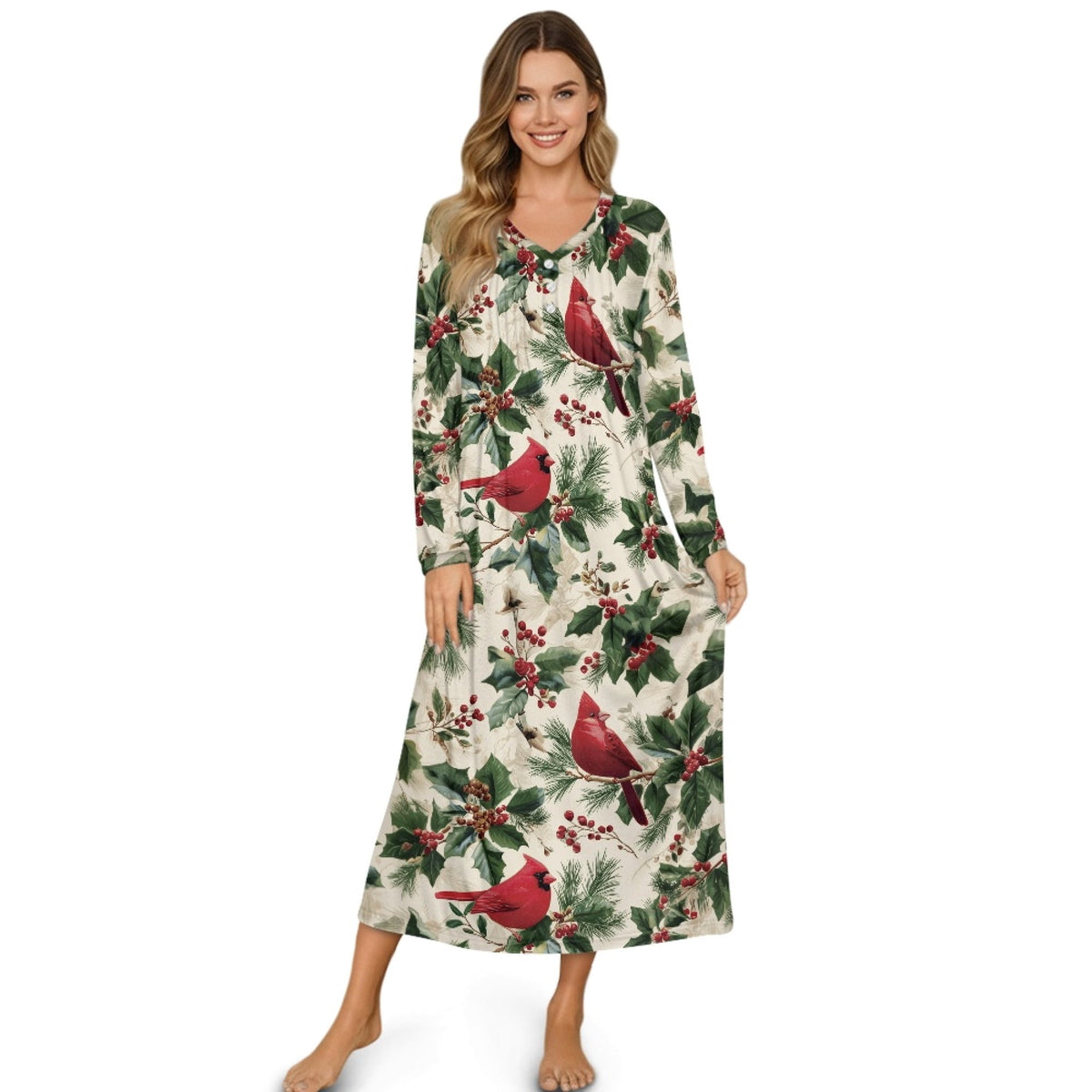 thumbnail image 1 of SEANATIVE Women's House Dress for Christmas Winter Nightgown Button Down Housecoat Soft Cozy Long Sleeve Lounge Dress Comfort Sleepwear Nightdress, S, Red Cardinal Bird Holly Leaf Print, 1 of 7