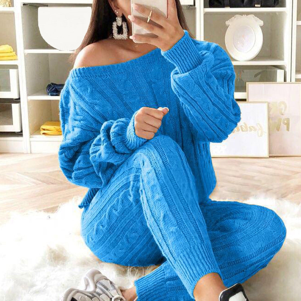 thumbnail image 1 of SELONE Lounge Sets for Women 2 Piece Outfits Dressy Plus Size Ladies Solid Round Neck Cable Knitted Warm 2PC Loungewear Suit Sets 8-Dark Blue XXXL, 1 of 6