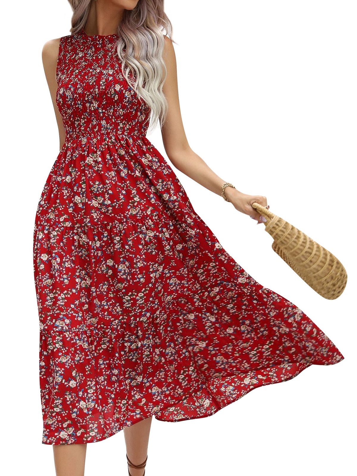 thumbnail image 1 of STARVNC Women Floral Print Ruffle Crew Neck Sleeveless Midi Dress, 1 of 10