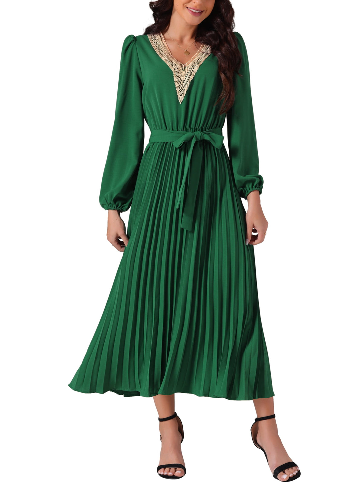 thumbnail image 1 of INSPIRE CHIC Women's 2024 Casual Long Sleeve V Neck Flowy Pleated Midi Dress with Belt S Green, 1 of 6