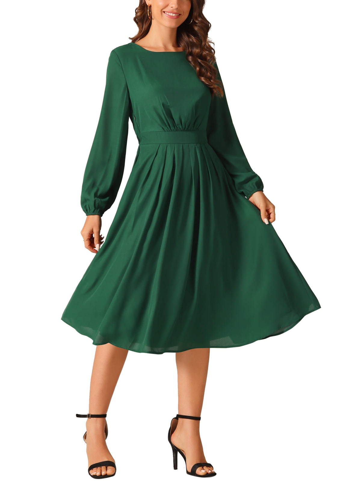 thumbnail image 1 of INSPIRE CHIC Women's Long Sleeve Crewneck Casual Dress High Waist Pleated a Line Flowy Dresses S Dark Green, 1 of 5