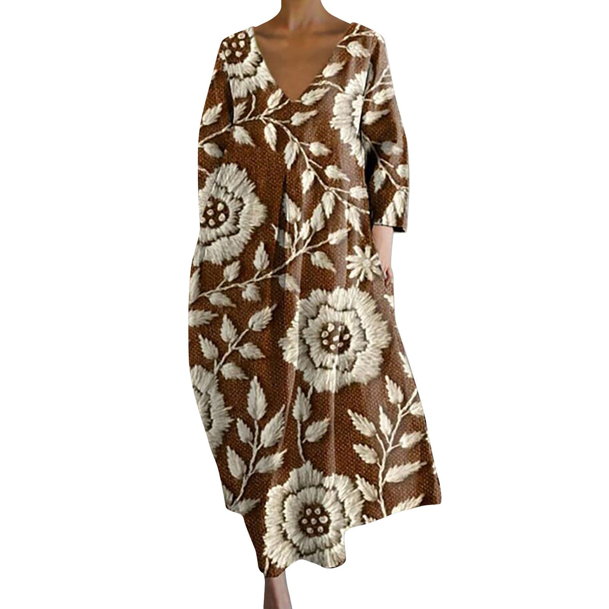thumbnail image 1 of Summer Dress for Women, Women's Loose V Neck Dress Long Sleeve Printed V Neck Dress Women Casual Dresses with Pockets, 1 of 4