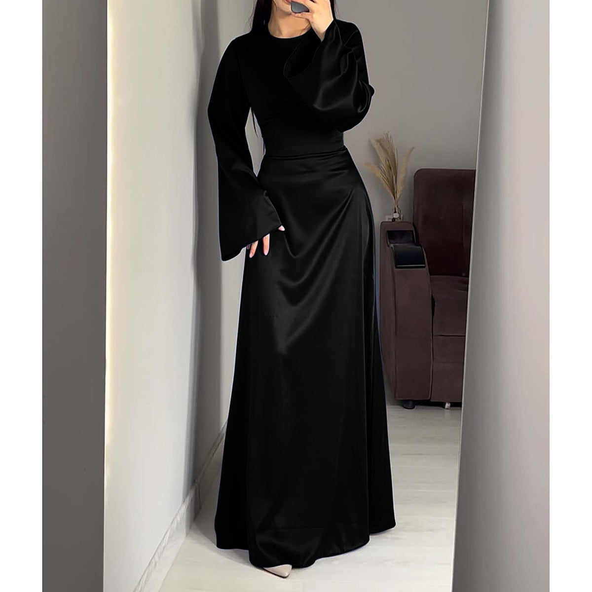 thumbnail image 1 of TMOYZQ Dresses for Women Elegant Satin Party Dress Bell Long Sleeve Cocktail Maxi Dresses Back Lace Up Bandage Tie High Waisted Formal Party Evening Gowns, 1 of 7