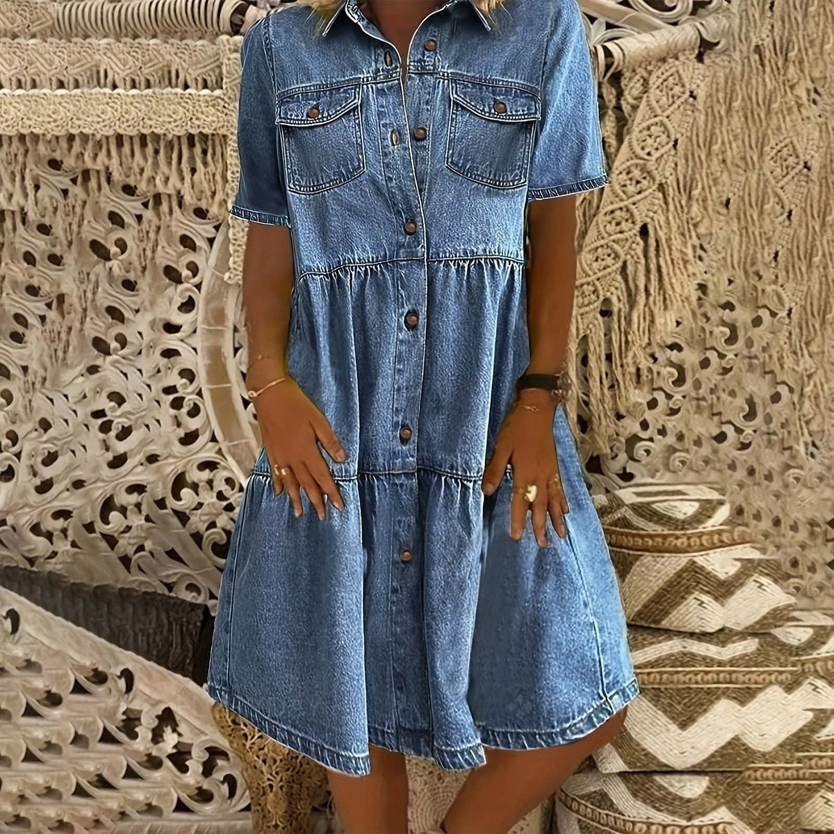 thumbnail image 1 of Versatile Women's Casual Dress For And Vacation Short Sleeve Denim Design Solid Color For Spring Summer And Fall Casual Fall Dresses Knit Dress Summer Long Dresses for Women Petite Dresses J Gee, 1 of 8