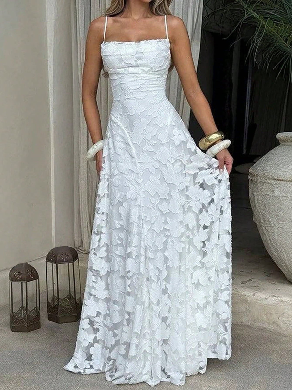 thumbnail image 1 of White Floral Lace A-Line Maxi Dress With Square Neck And Adjustable Straps, 1 of 30