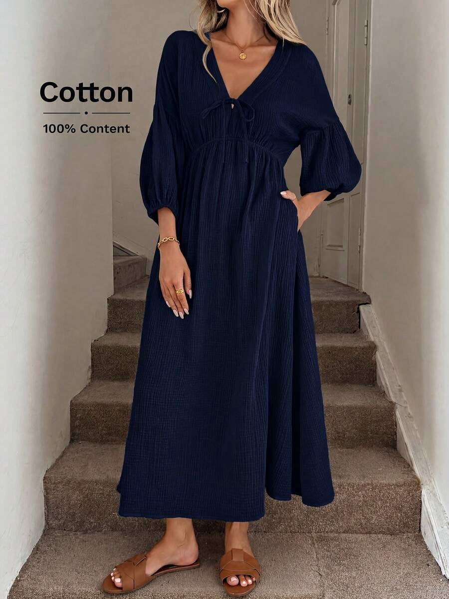 thumbnail image 1 of Women Blue Cotton Boho Lantern Sleeve Midi Dress V-Neck Tie Waist Casual, 1 of 5