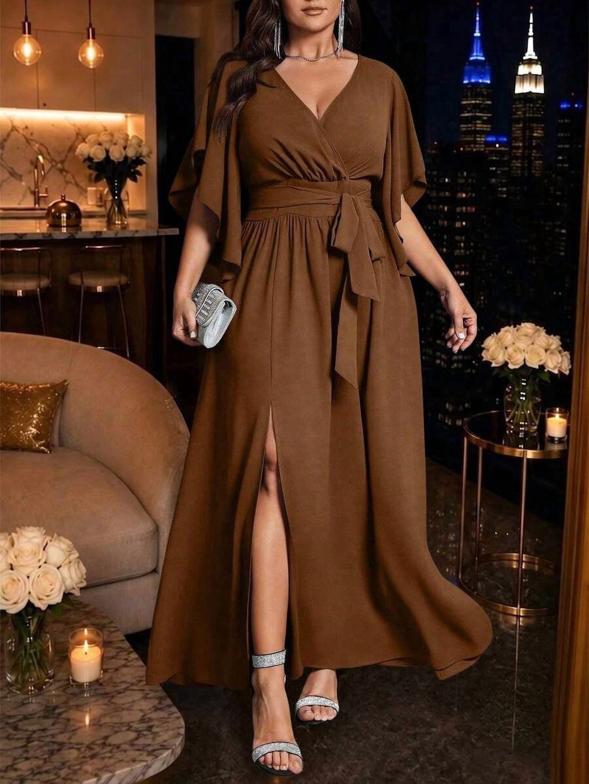 thumbnail image 1 of Women Brown V-Neck Wrap Maxi Dress With Flare Sleeves And Tie Waist, 1 of 7
