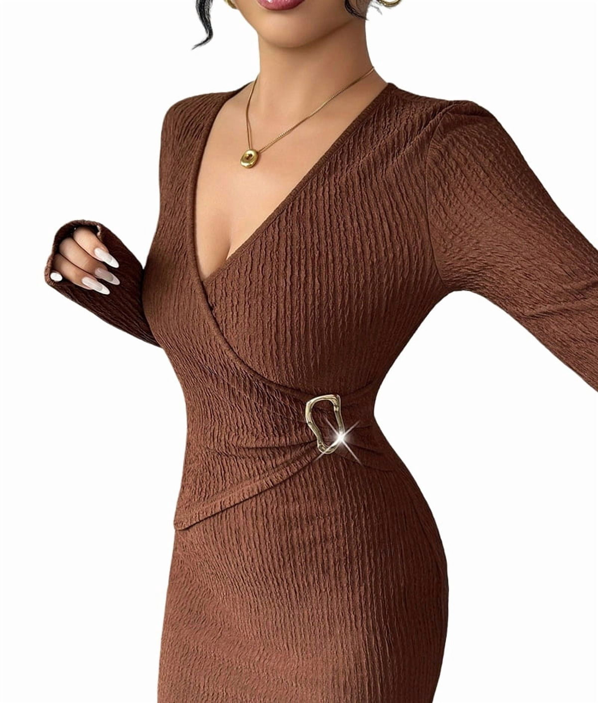 thumbnail image 1 of Women'S Bodycon Sweater Dress Fall Winter Long Sleeve Button V-Neck Textured Knit Midi Casual Dresses Brown L, 1 of 8