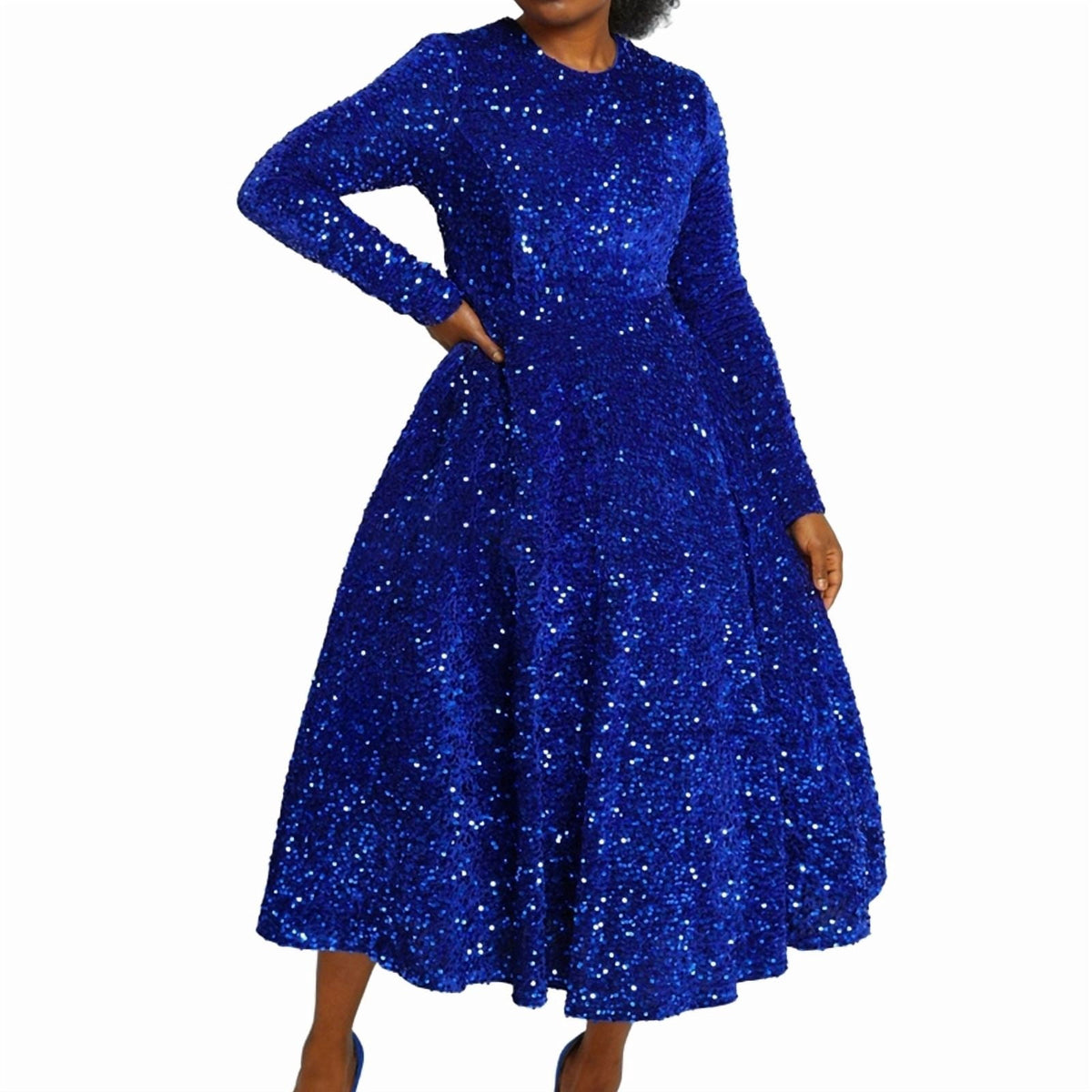 thumbnail image 1 of Women'S Sequin Dress Plus Size Long Sleeve A-Line Flared Party Cocktail Evening Shiny Maxi Dress Royal Blue XL, 1 of 7