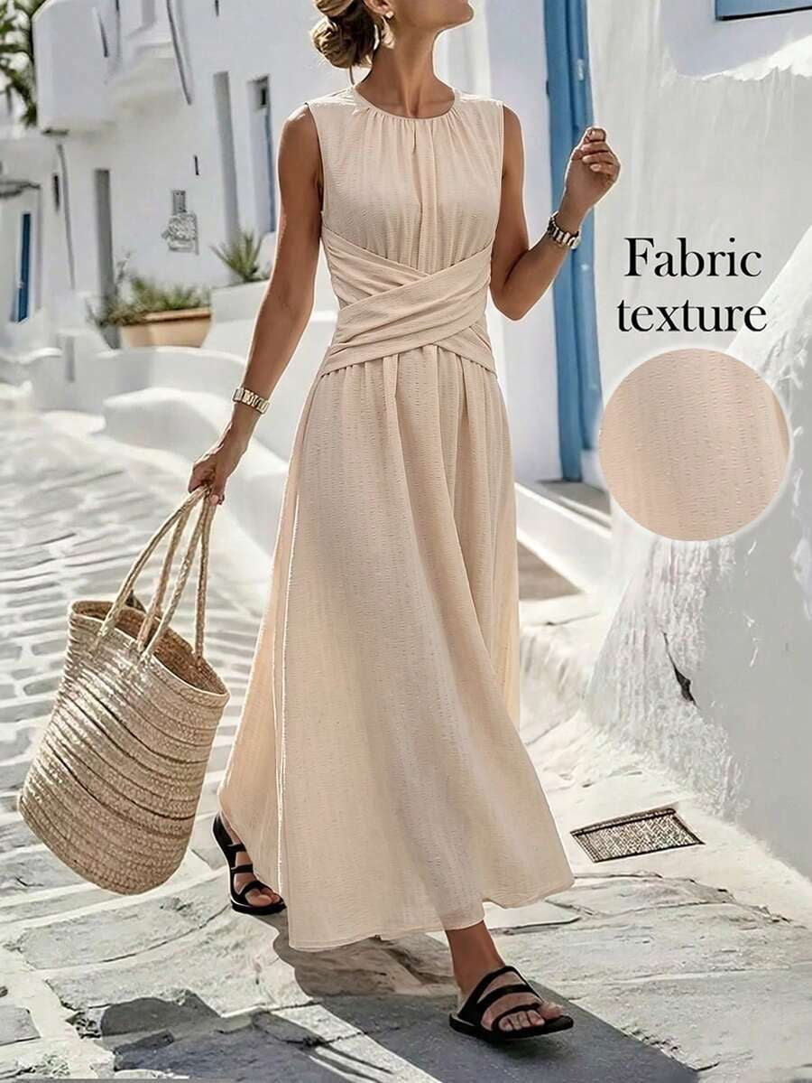 thumbnail image 1 of Women Sleeveless Apricot Maxi Dress Criss-Cross Waist Casual Vacation, 1 of 4