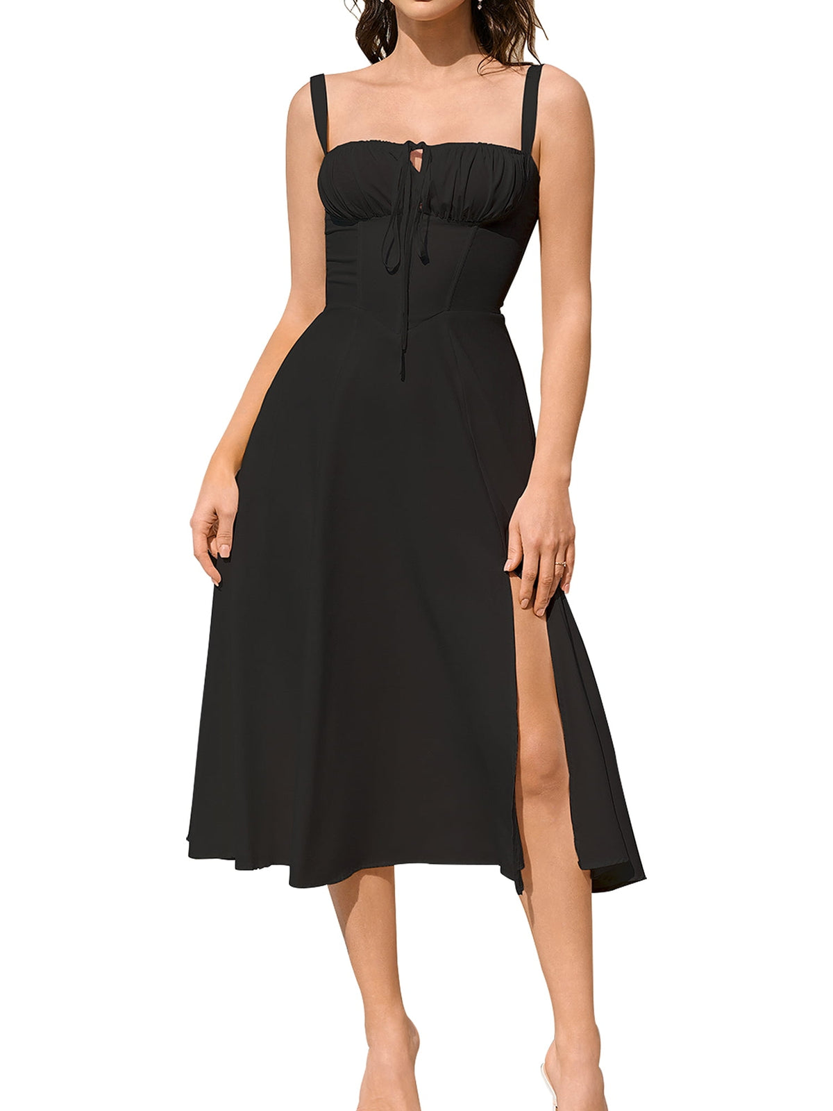 thumbnail image 1 of Women's 2025 Summer Midi Corset Dress Wedding Guest Dresses A Line Flowy Slit Going Out Sundress for Tea Party, 1 of 7