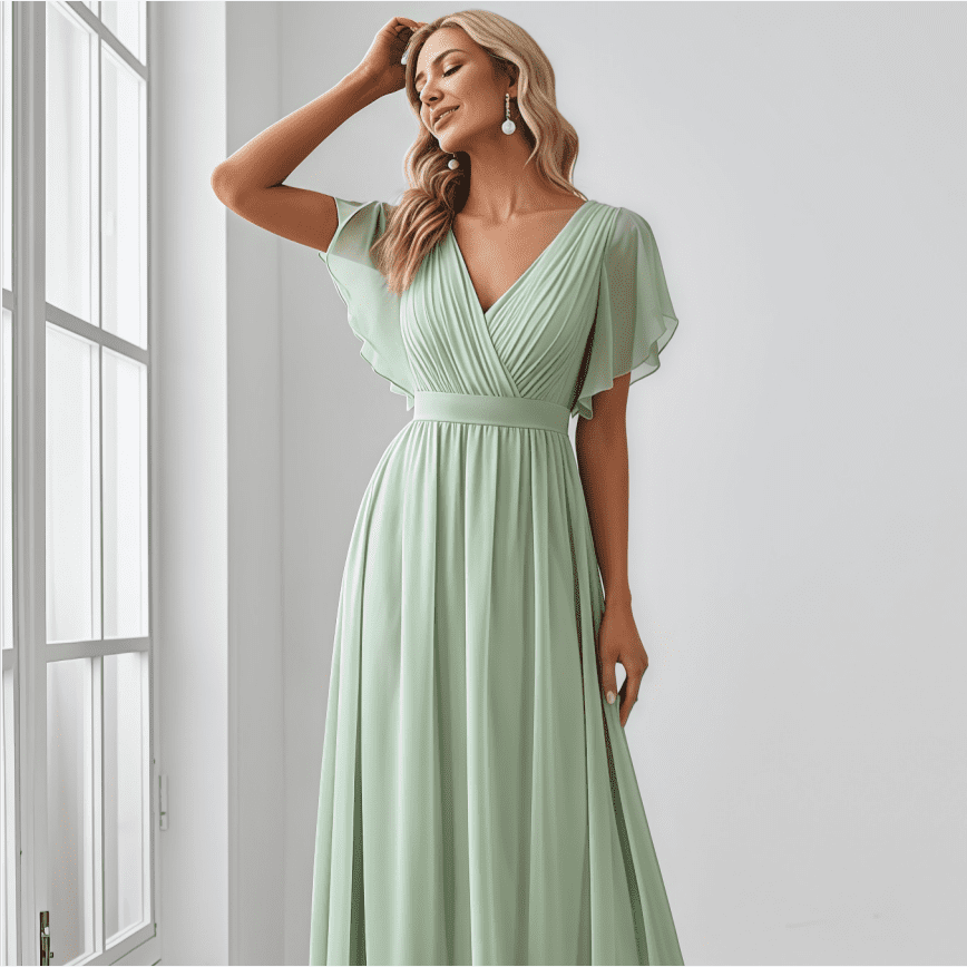 thumbnail image 1 of Women's Bridesmaid Dress,Event Dress,V-Neck Ruffle Sleeves Ruched Bust,Floor Length Chiffon Formal Dresses(Green), 1 of 5