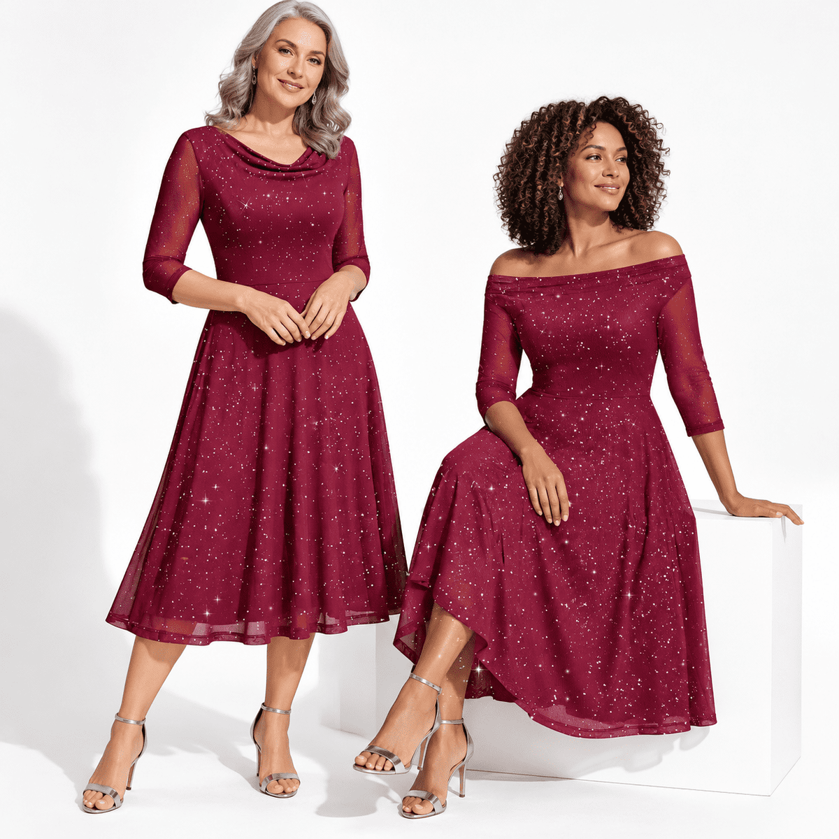 thumbnail image 1 of Women's Burgundy Small Sparkly Sequin A-Line Cocktail Formal Wedding Guest Dress, 1 of 5