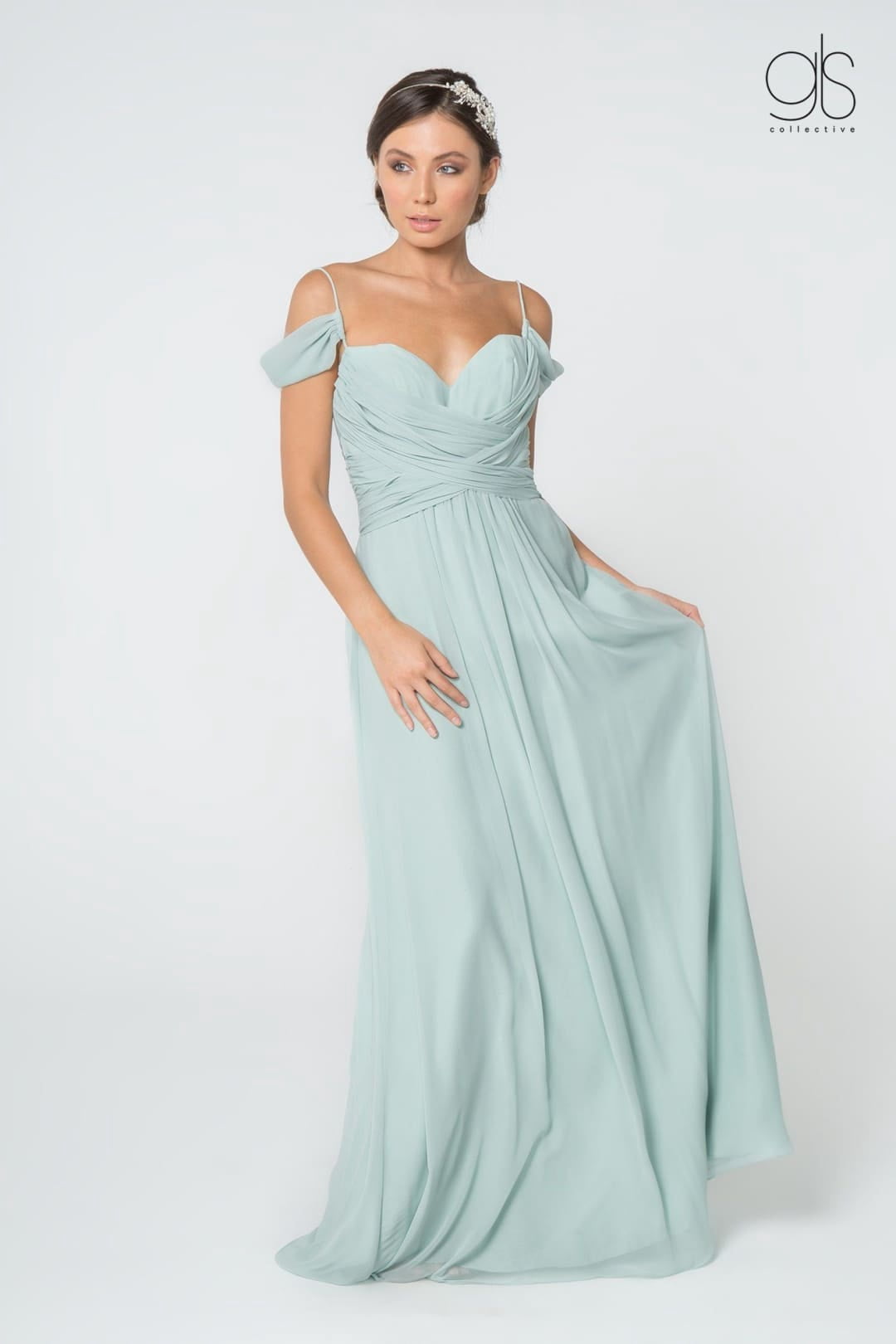 thumbnail image 1 of Women's Elizabeth K Ruched A-line Cold Shoulder Dress Gl2824 Sage Green Size 3XL, 1 of 5