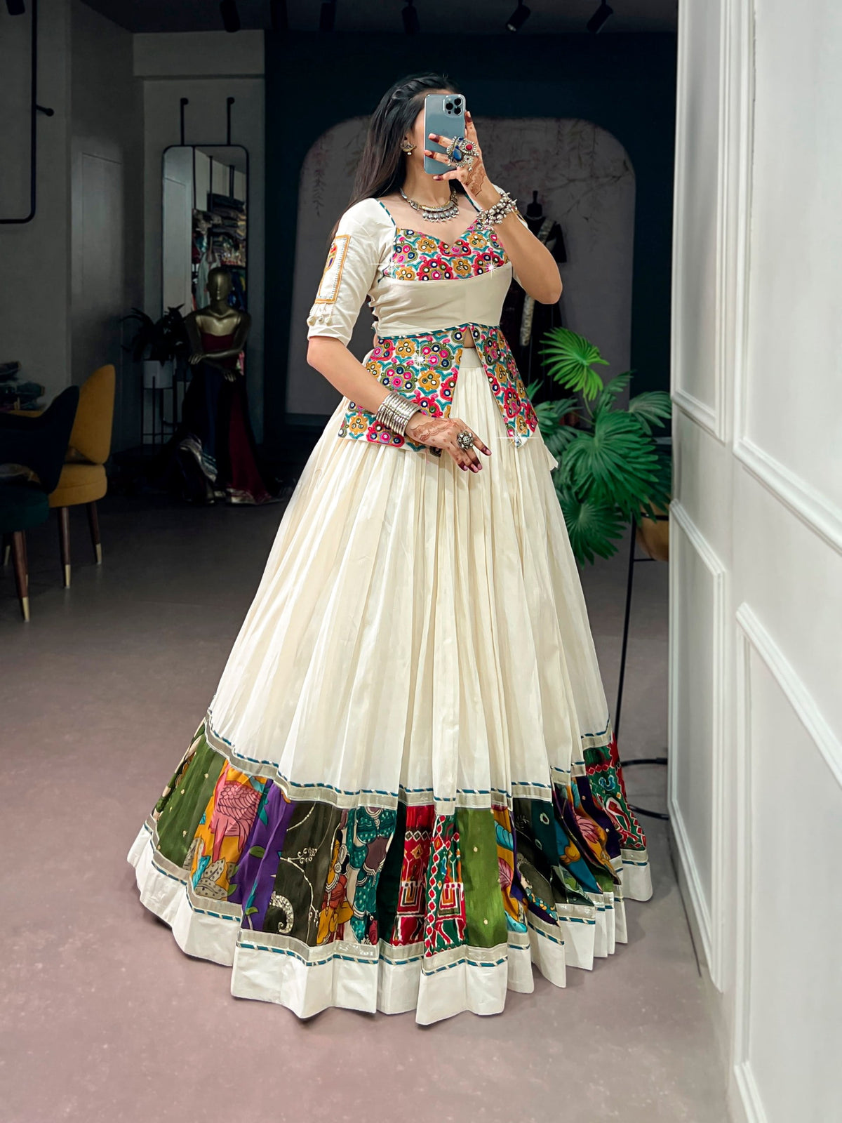 thumbnail image 1 of Women’s Khadi Cotton Lehenga Choli Set with Gamthi Embroidery and Multicolor Panel Border for Navratri, 1 of 6