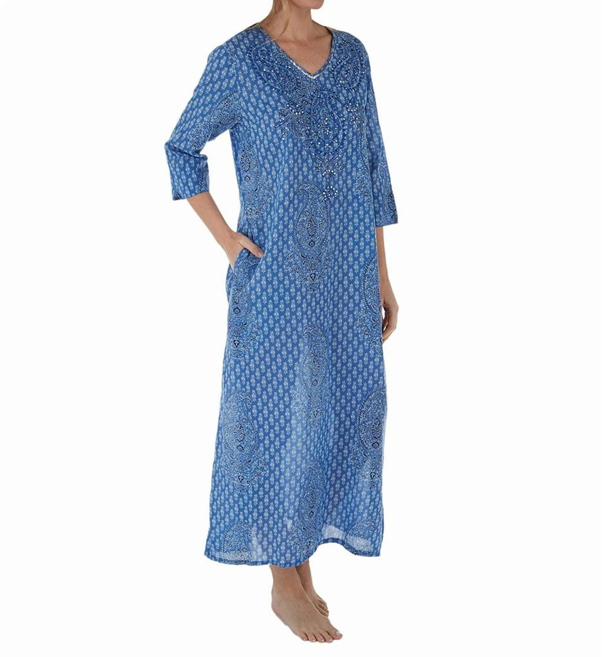 thumbnail image 1 of Women's La Cera 3002 100% Cotton Sequin Caftan (Blue Paisley S), 1 of 1