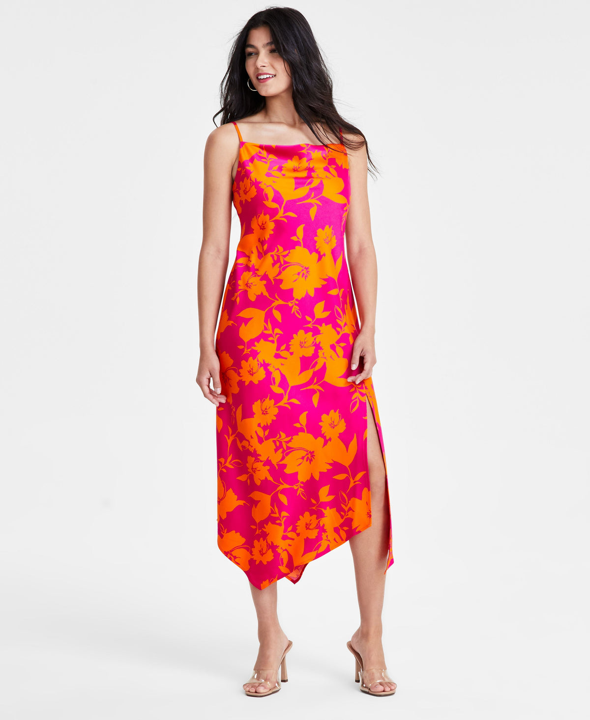 thumbnail image 1 of Women's Printed Cowl Neck Asymmetrical-Hem Dress Sunset Rose XXS, 1 of 1