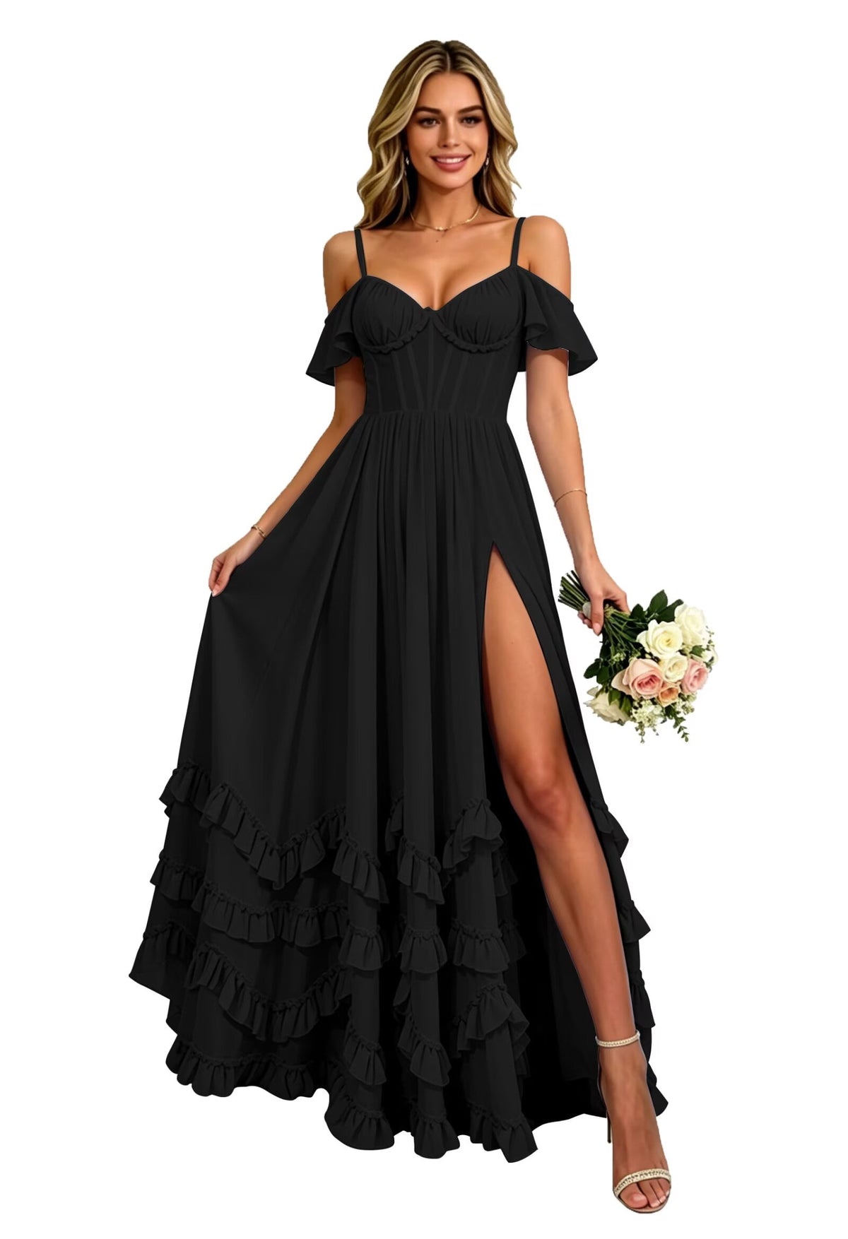 thumbnail image 1 of Women's V Neck Bridesmaid Dresses Off Shoulder Chiffon Ruffle Tiered Hight Slit Elegant Formal Dress for Wedding WM024, 1 of 7