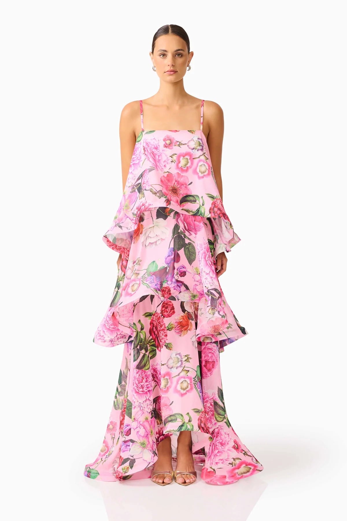 thumbnail image 1 of Women's long strap dress with fresh floral print and multi-layer cake design, 1 of 8