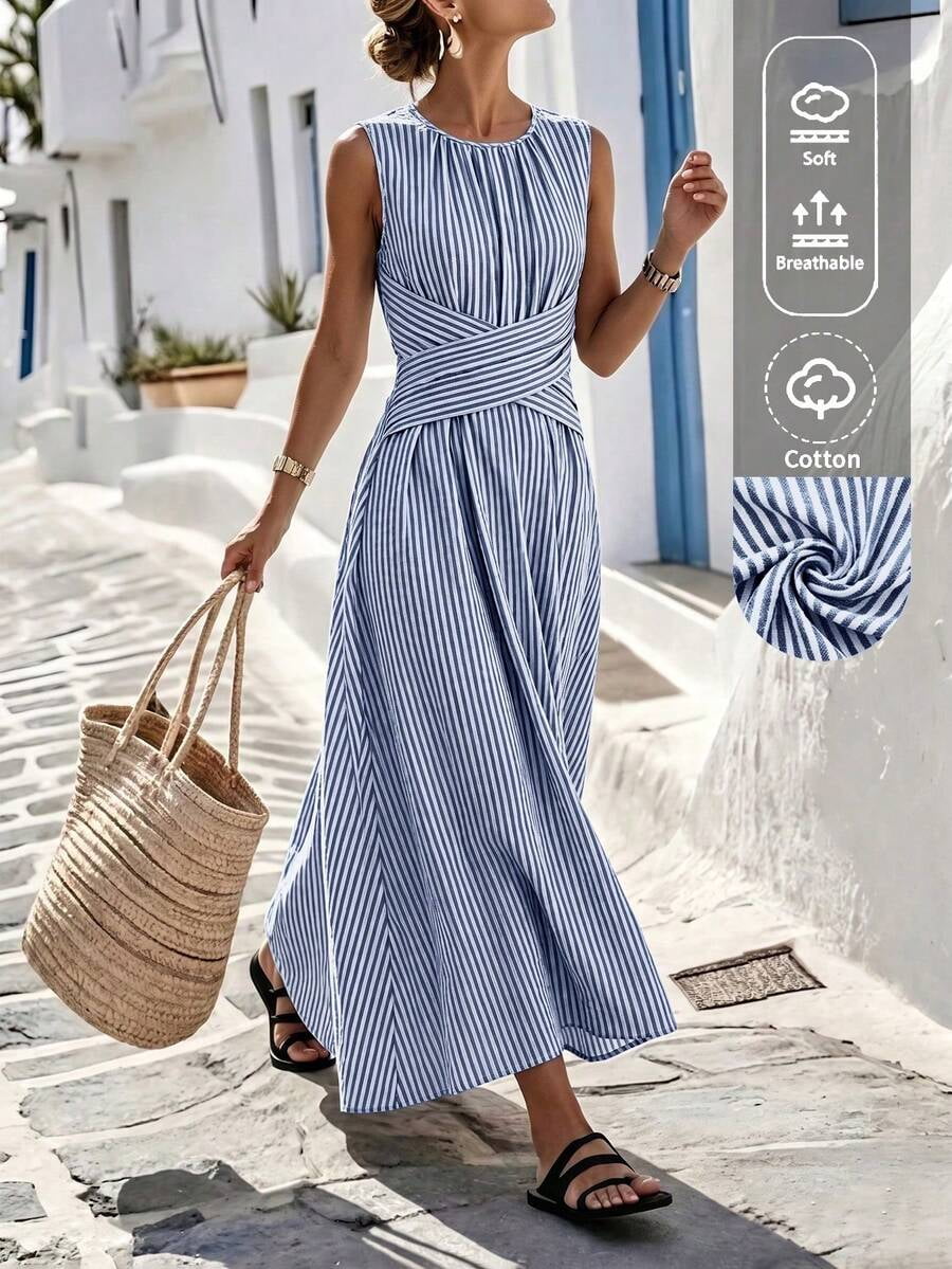 thumbnail image 1 of Womens Blue And White Striped Sleeveless Dress, Round Neck Cinched Waist, 1 of 3