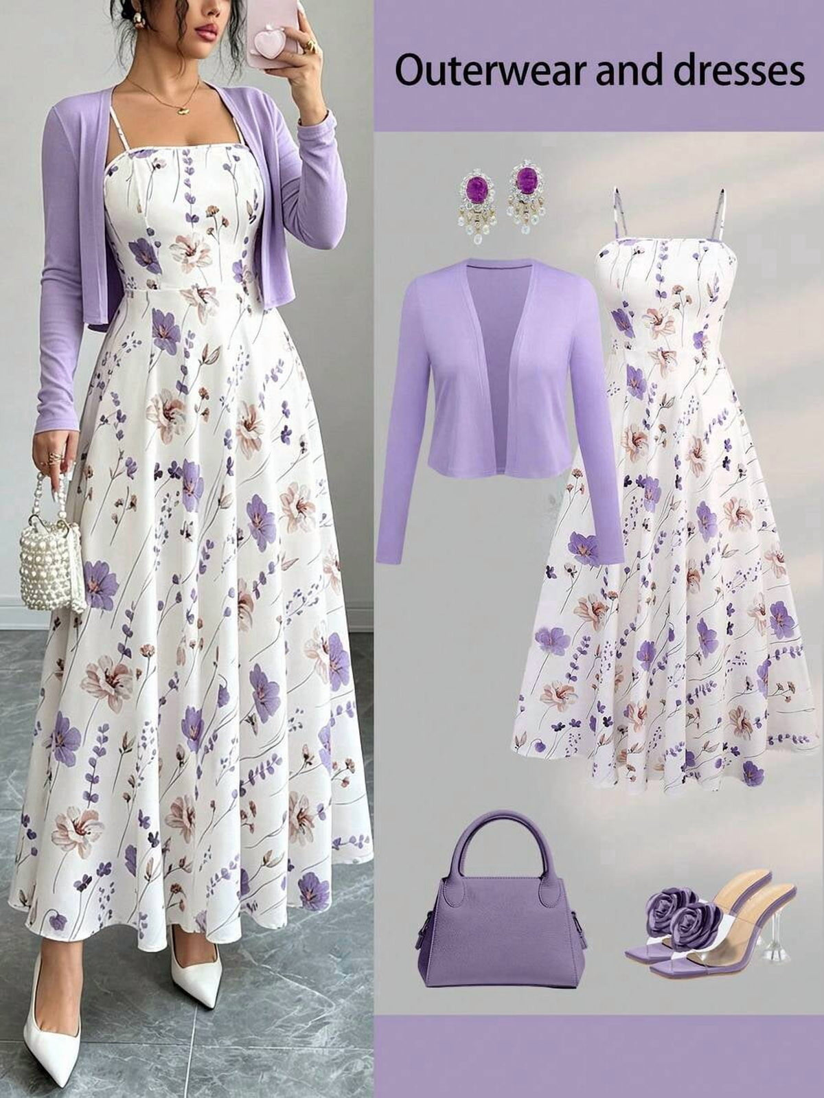 thumbnail image 1 of Womens Multicolor Floral Smocked Camisole Dress With Knit Cardigan Set, 1 of 7
