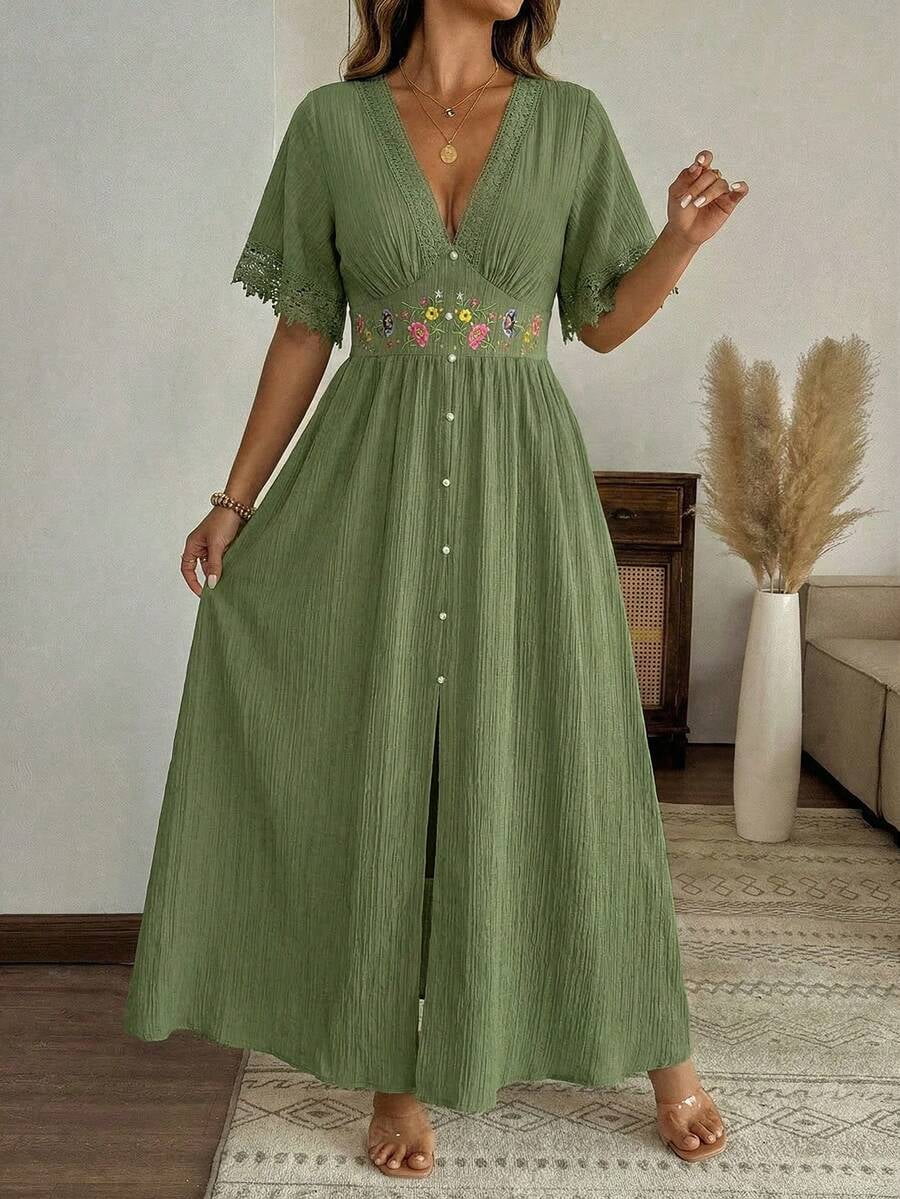thumbnail image 1 of Womens Olive Green Boho Maxi Dress, Deep V-Neck Floral Embroidery Ruched, 1 of 6