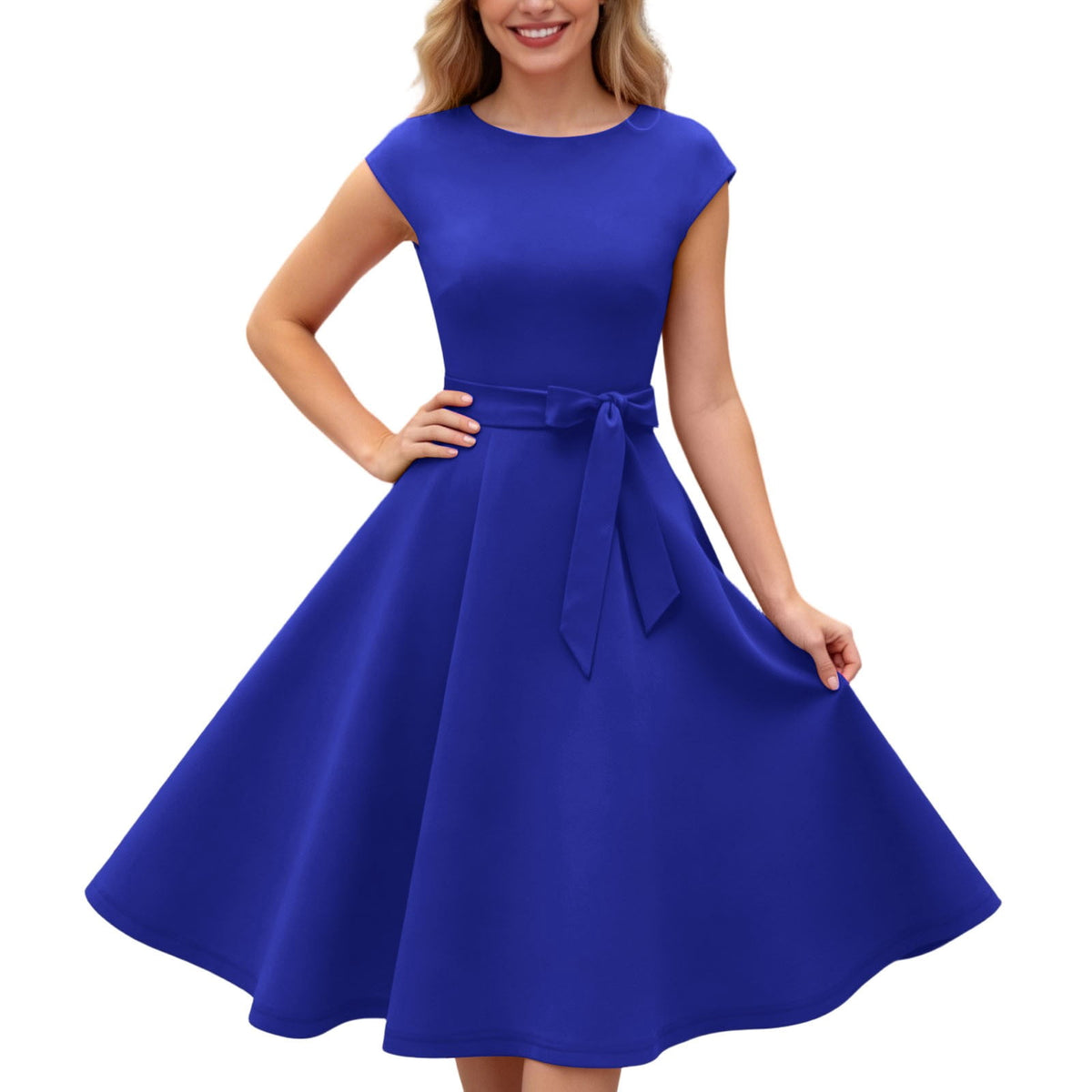 thumbnail image 1 of Womens Party Dress Short Sleeve Crew Neck Solid Tie Waist Midi Length Elegant Dress Blue M, 1 of 6