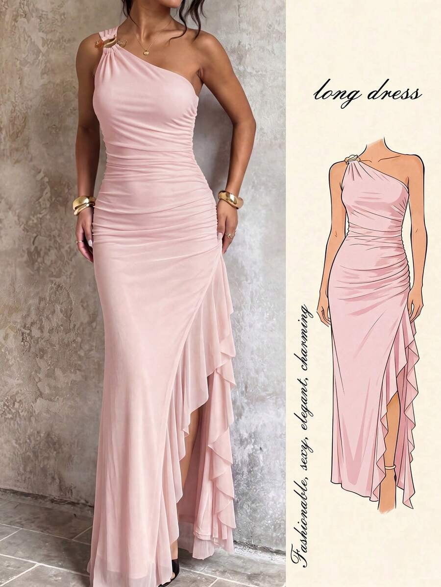 thumbnail image 1 of Womens Pink One Shoulder Maxi Dress Ruched Bodycon Long Gown High Slit, 1 of 9