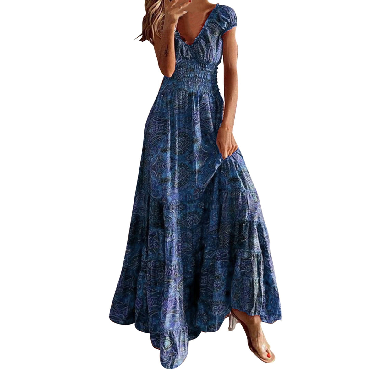 thumbnail image 1 of XIAOCHA Womens Paisley Tiered Maxi Dress Flowy Short Sleeve V Neck Dress Breathable Boho Vacation Dresses, 1 of 6