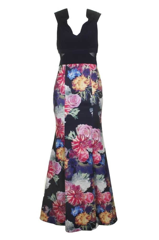 thumbnail image 1 of Xscape Womens Petite Navy Pink Floral Print Off-The-Shoulder Mermaid Gown 8P, 1 of 1