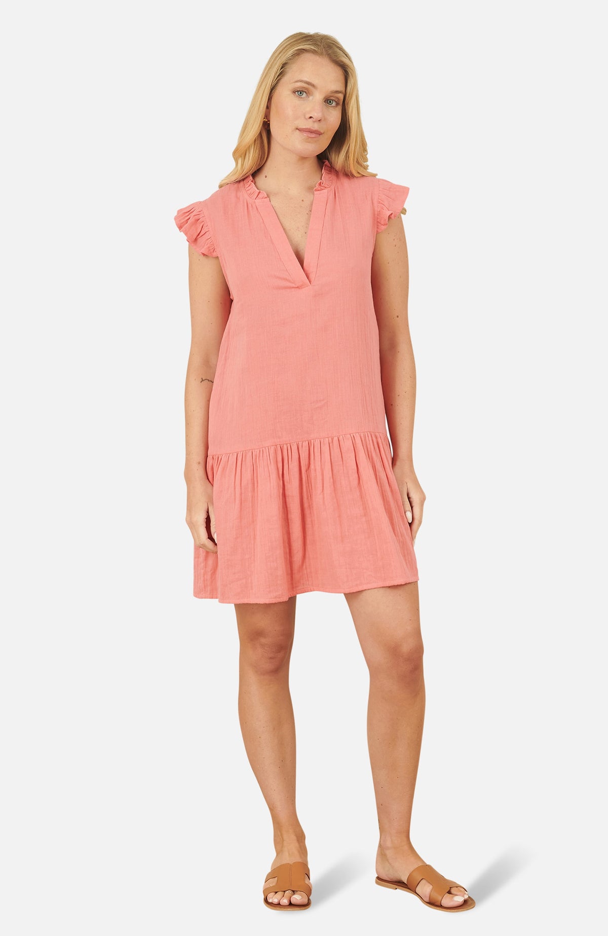 thumbnail image 1 of Yumi Frill Sleeve Double Cotton Tunic Dress - Orange, 4, 1 of 5
