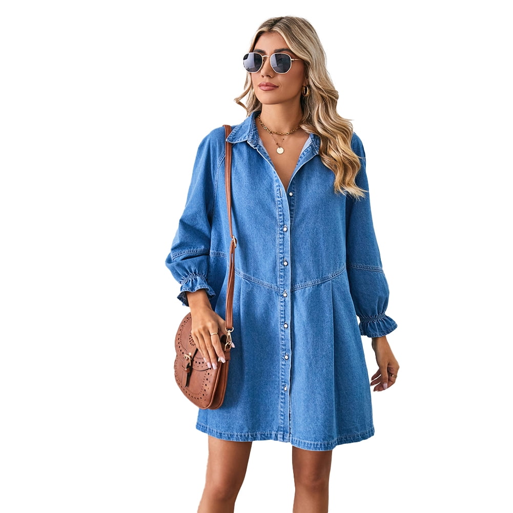 thumbnail image 1 of Zoeecloth Womens Casual Denim Dresses Long Sleeve Loose Patchwork Denim Dress S-XL, 1 of 9