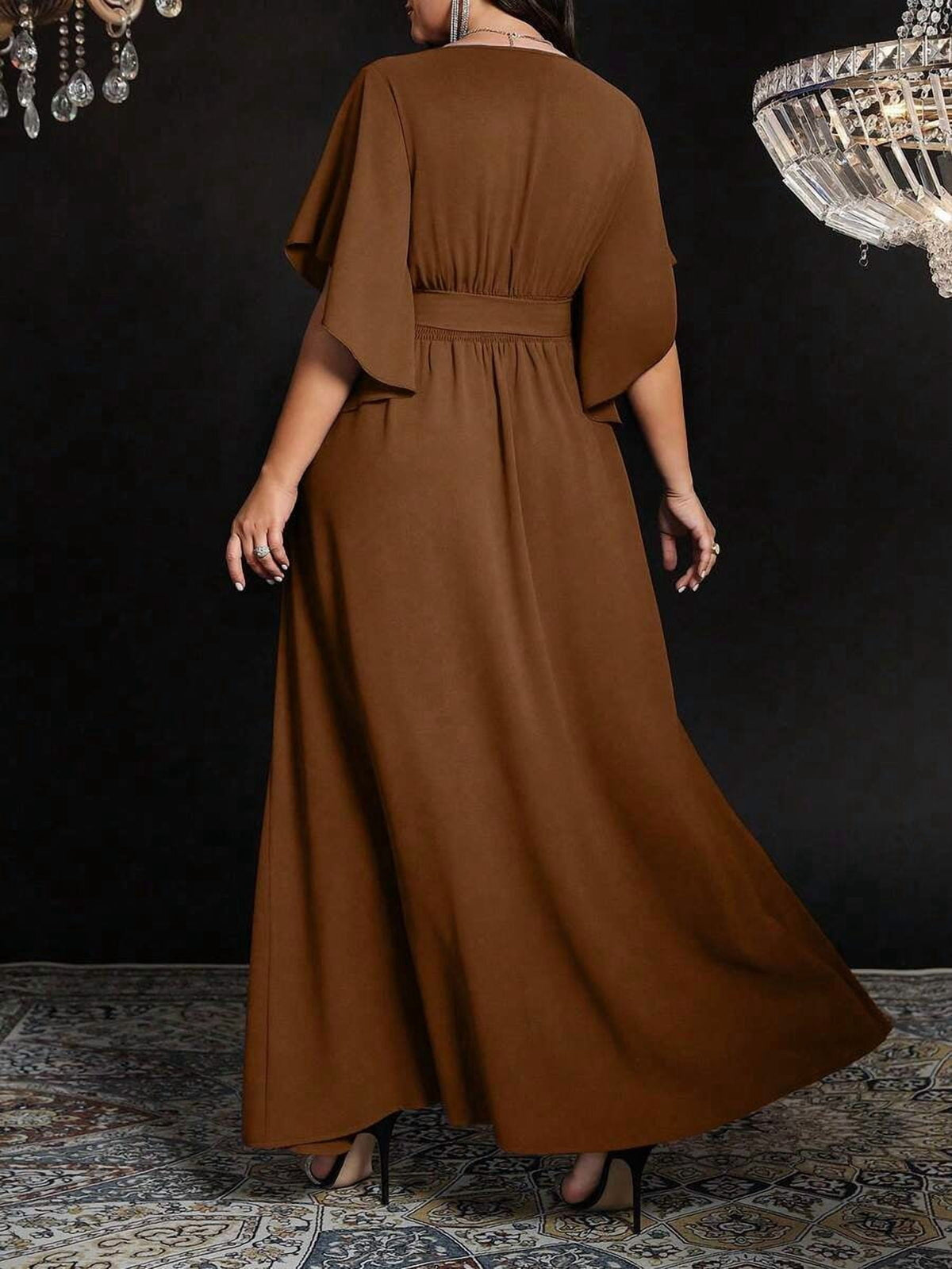 thumbnail image 2 of Women Brown V-Neck Wrap Maxi Dress With Flare Sleeves And Tie Waist, 2 of 7