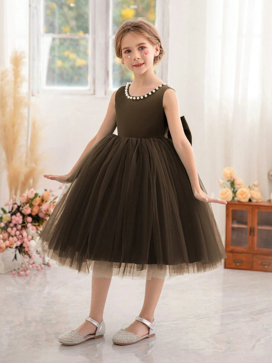 thumbnail image 2 of Maroon Pearl-Trimmed Bow Back Deep V-Neck Tulle Party Dress, 2 of 30