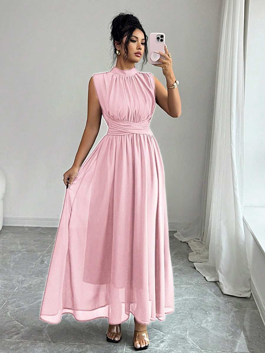 thumbnail image 3 of Baby Pink Womens Sleeveless High Neck Chiffon Maxi Dress With Waist Bow, 3 of 8