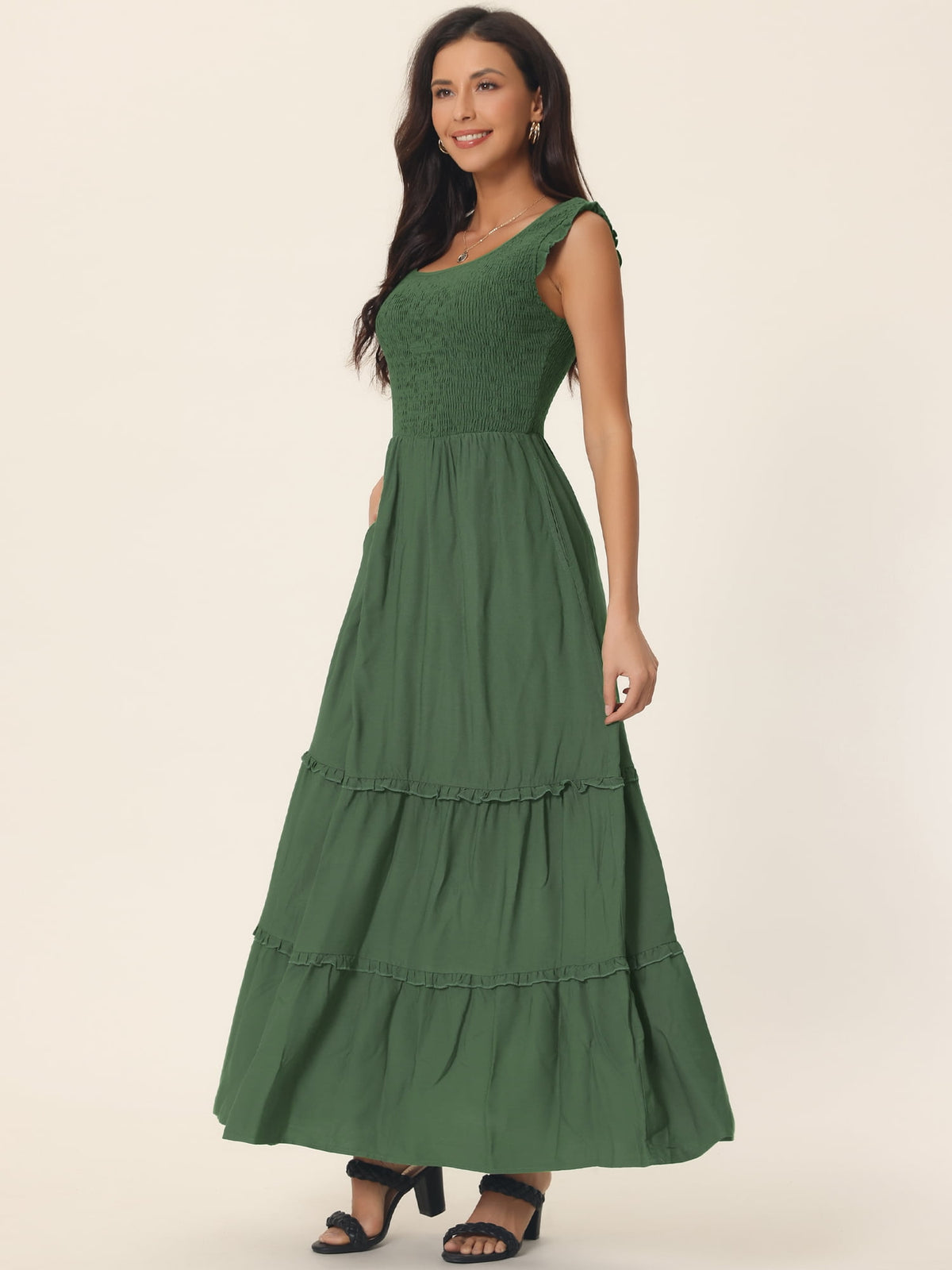 thumbnail image 3 of DARING DIVA Scoop Neck Ruffle Tiered Maxi Dress S Army Green, 3 of 6