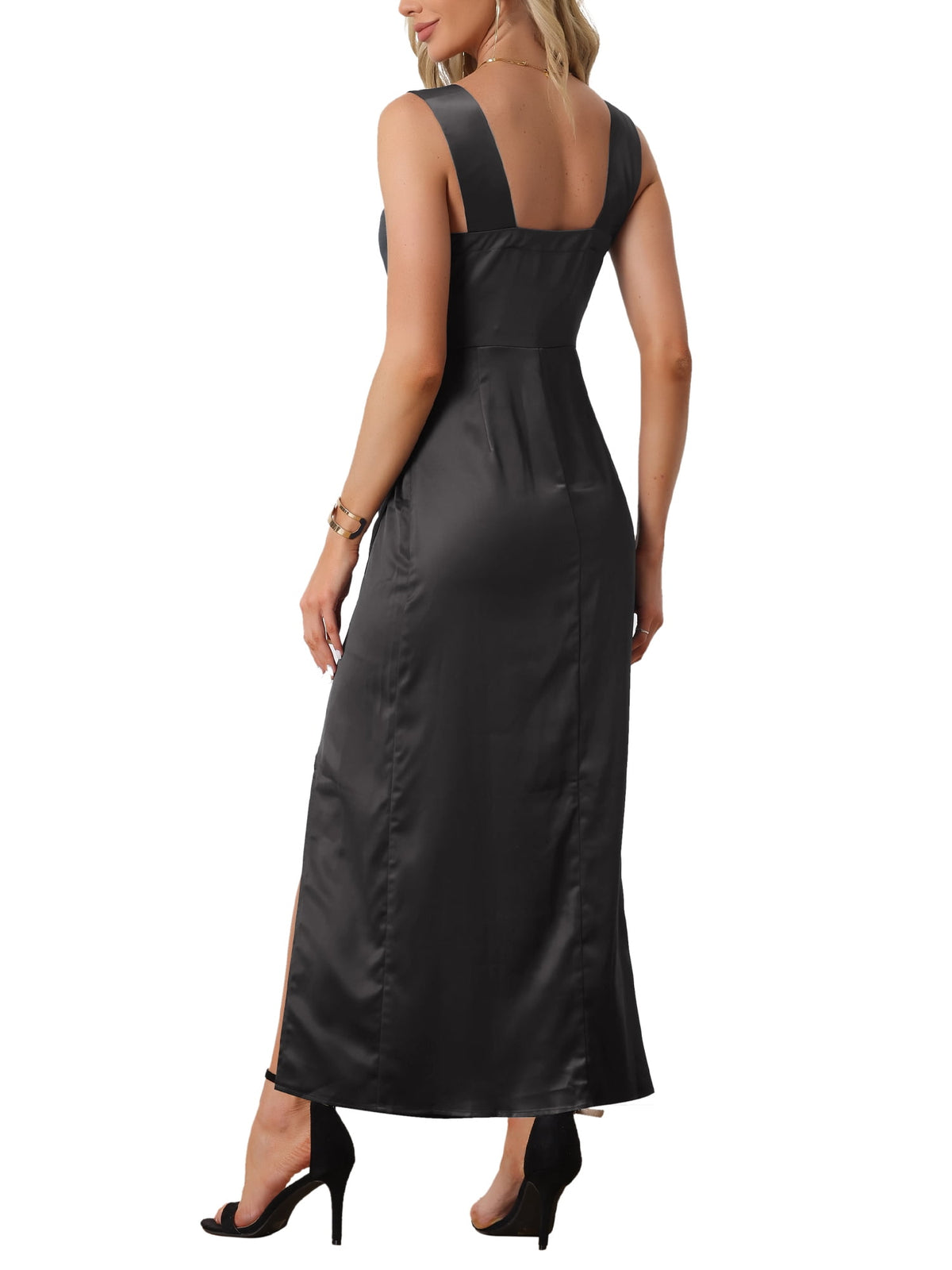 thumbnail image 3 of INSPIRE CHIC Satin Dress for Women's Ruched Front Elegant Wedding Guest Wide Straps Party Split Maxi Dresses XS Black, 3 of 5