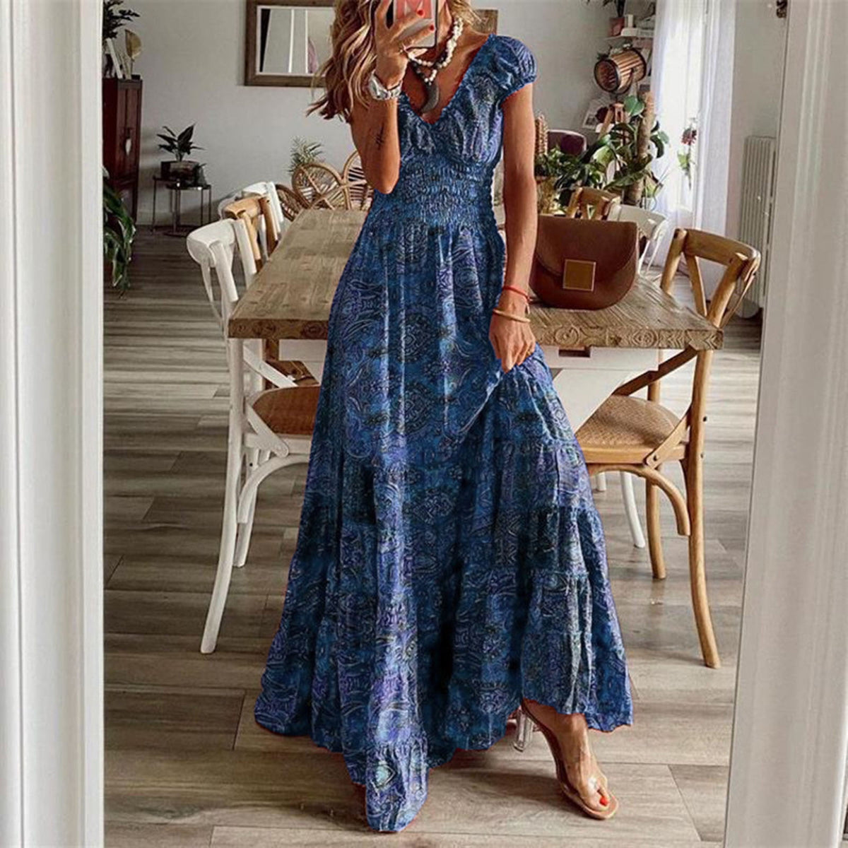 thumbnail image 2 of XIAOCHA Womens Paisley Tiered Maxi Dress Flowy Short Sleeve V Neck Dress Breathable Boho Vacation Dresses, 2 of 6
