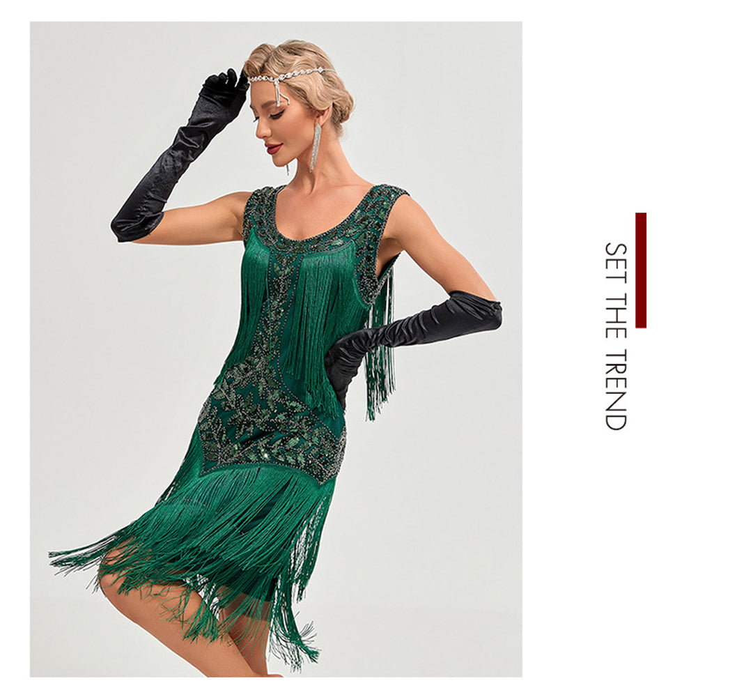 thumbnail image 4 of 1920s Vintage Dress Summer Fringe Beaded Great Gatsby Flapper Evening Dress Party Cocktail Prom,S,Dark Green, 4 of 7