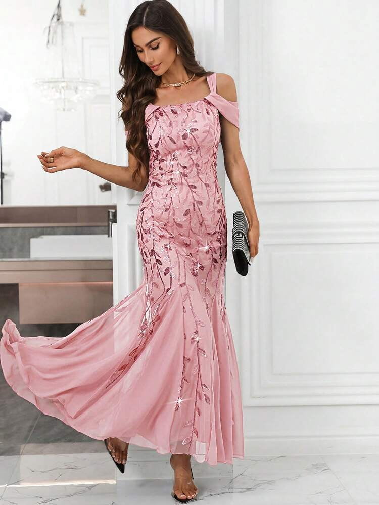 thumbnail image 6 of Pink Sequin Mermaid Evening Dress with Cold Shoulder, 6 of 6