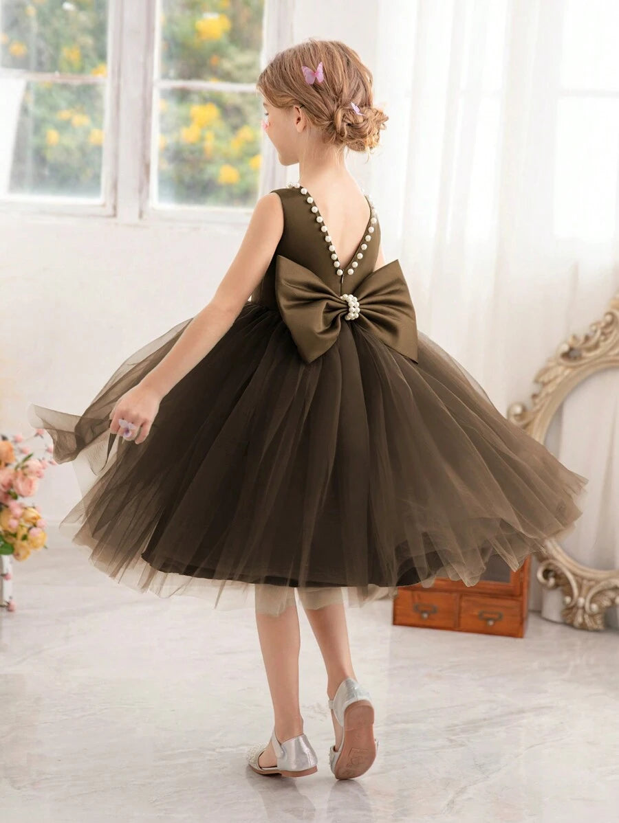 thumbnail image 6 of Maroon Pearl-Trimmed Bow Back Deep V-Neck Tulle Party Dress, 6 of 30